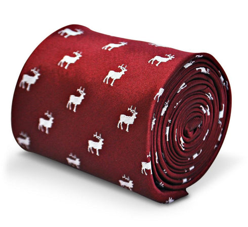 maroon red tie with white stag deer silhouette design